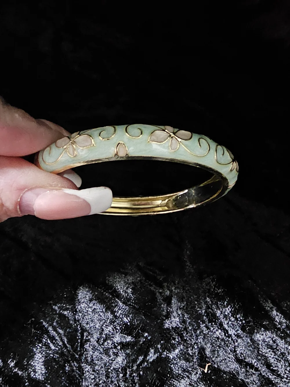 Gold-Plated Mint Green Floral Enamel Hinged Bangle Bracelet